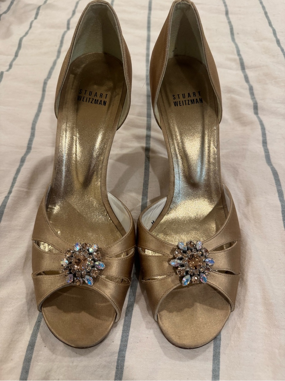 Stuart Weitzman Gold Satin Peep-Toe Heels with Crystal Cluster